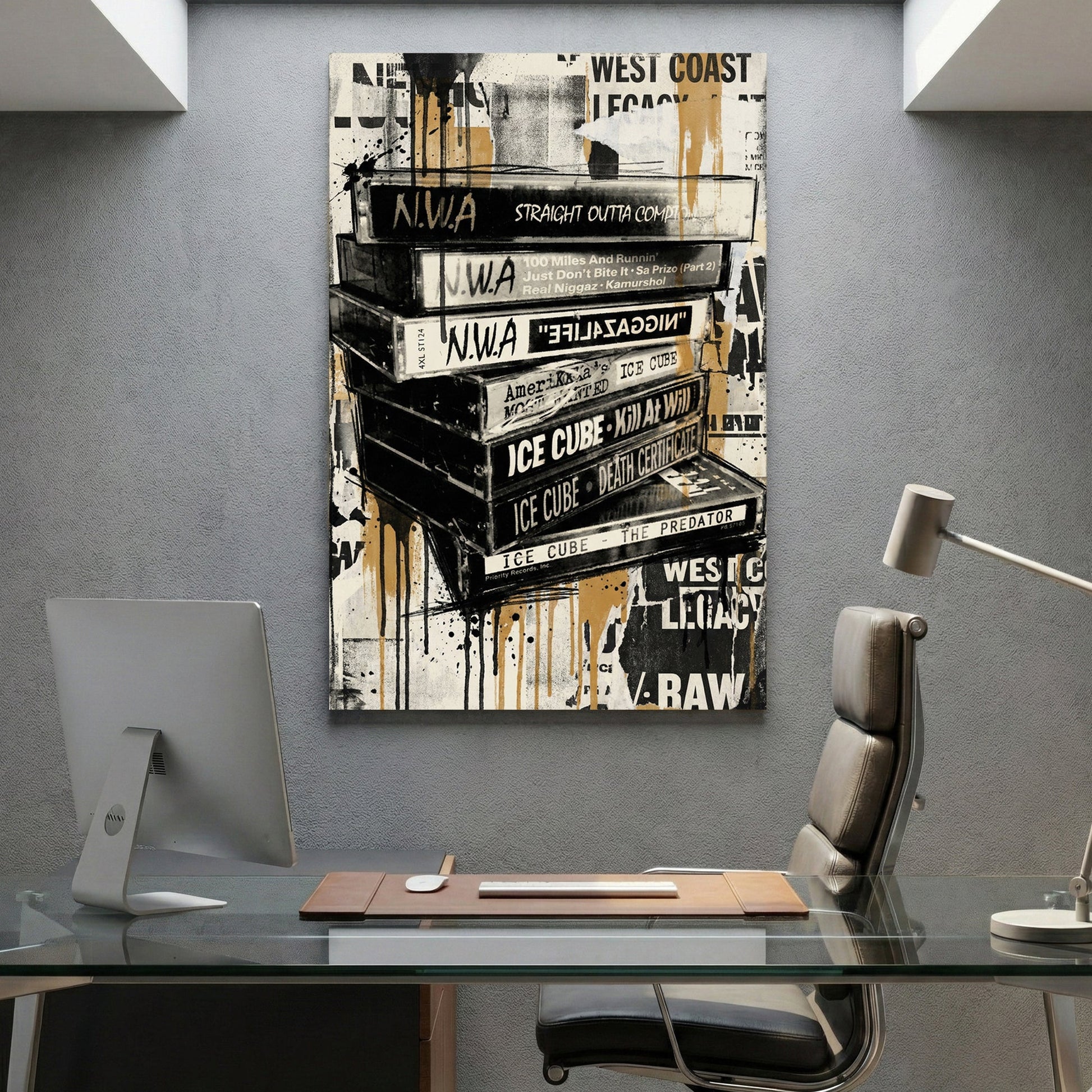 Stacked hip-hop album covers with graffiti street art and West Coast artist names