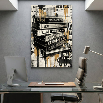Stacked hip-hop album covers with graffiti street art and West Coast artist names