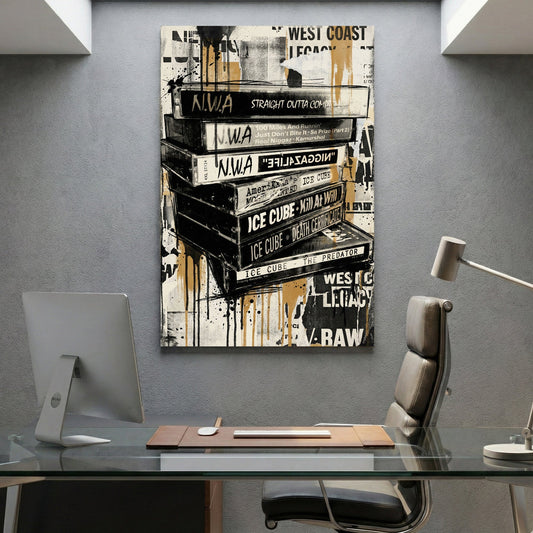 Stacked hip-hop album covers with graffiti street art and West Coast artist names