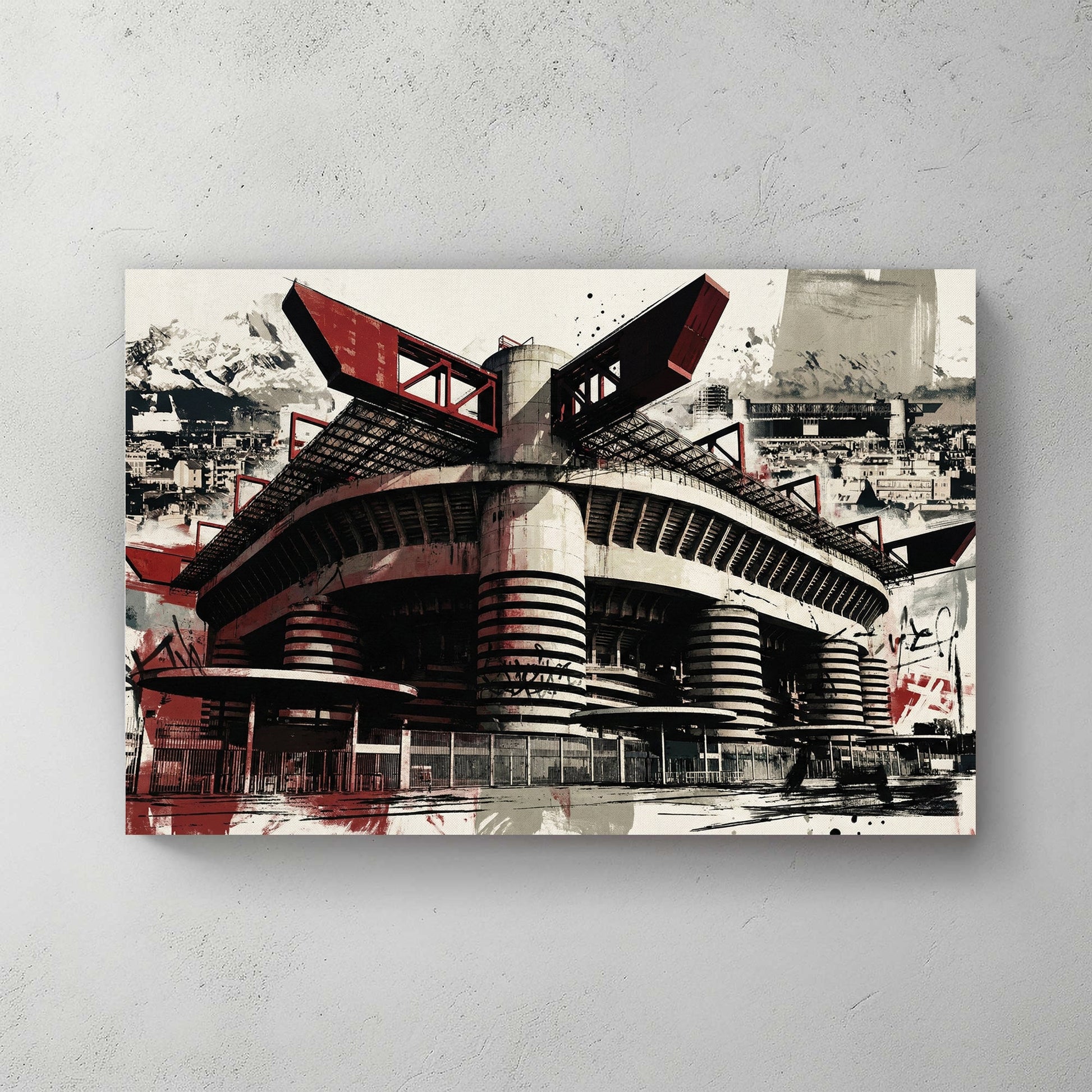 San Siro Milan stadium in red and black with architectural urban graffiti style