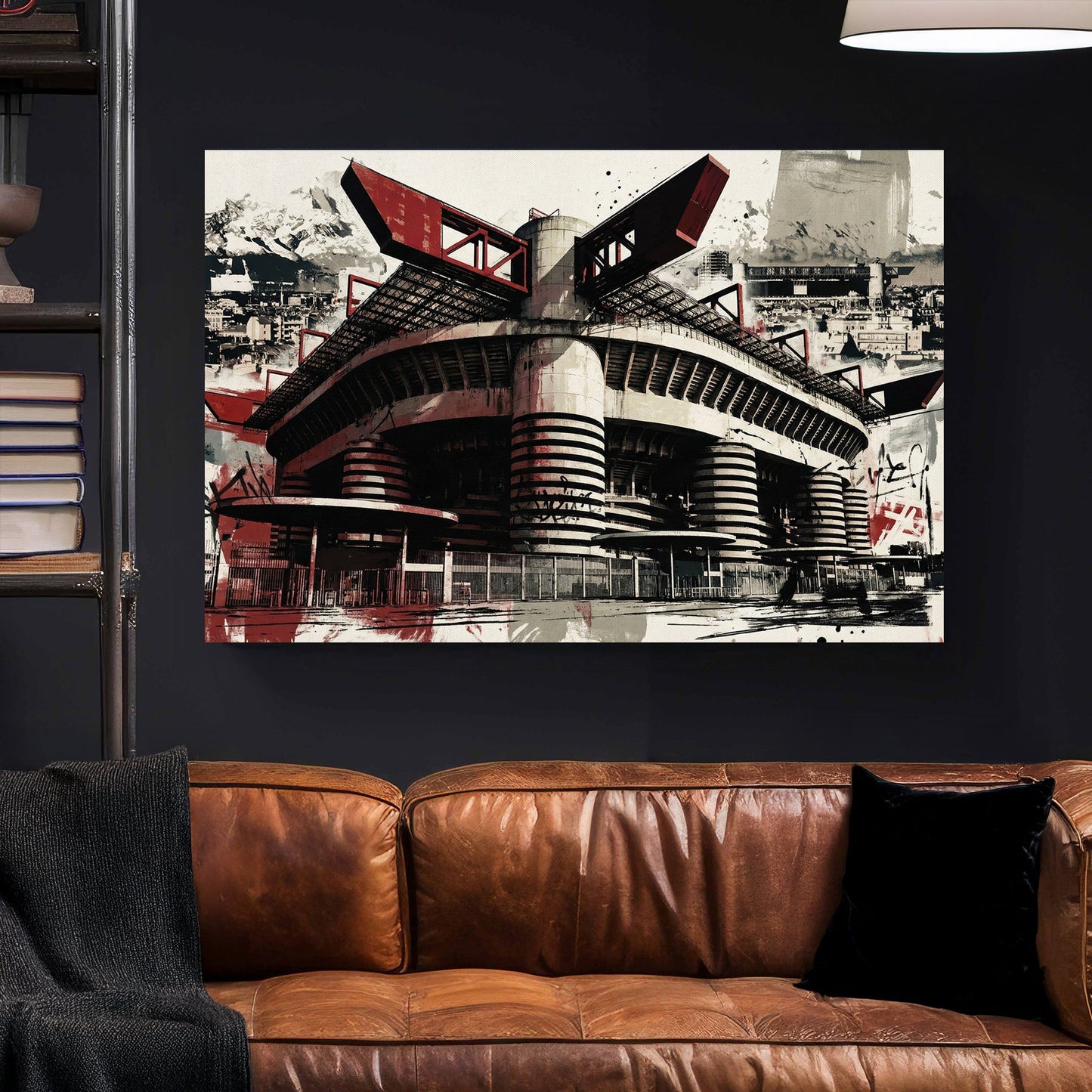 San Siro Milan stadium in red and black with architectural urban graffiti style