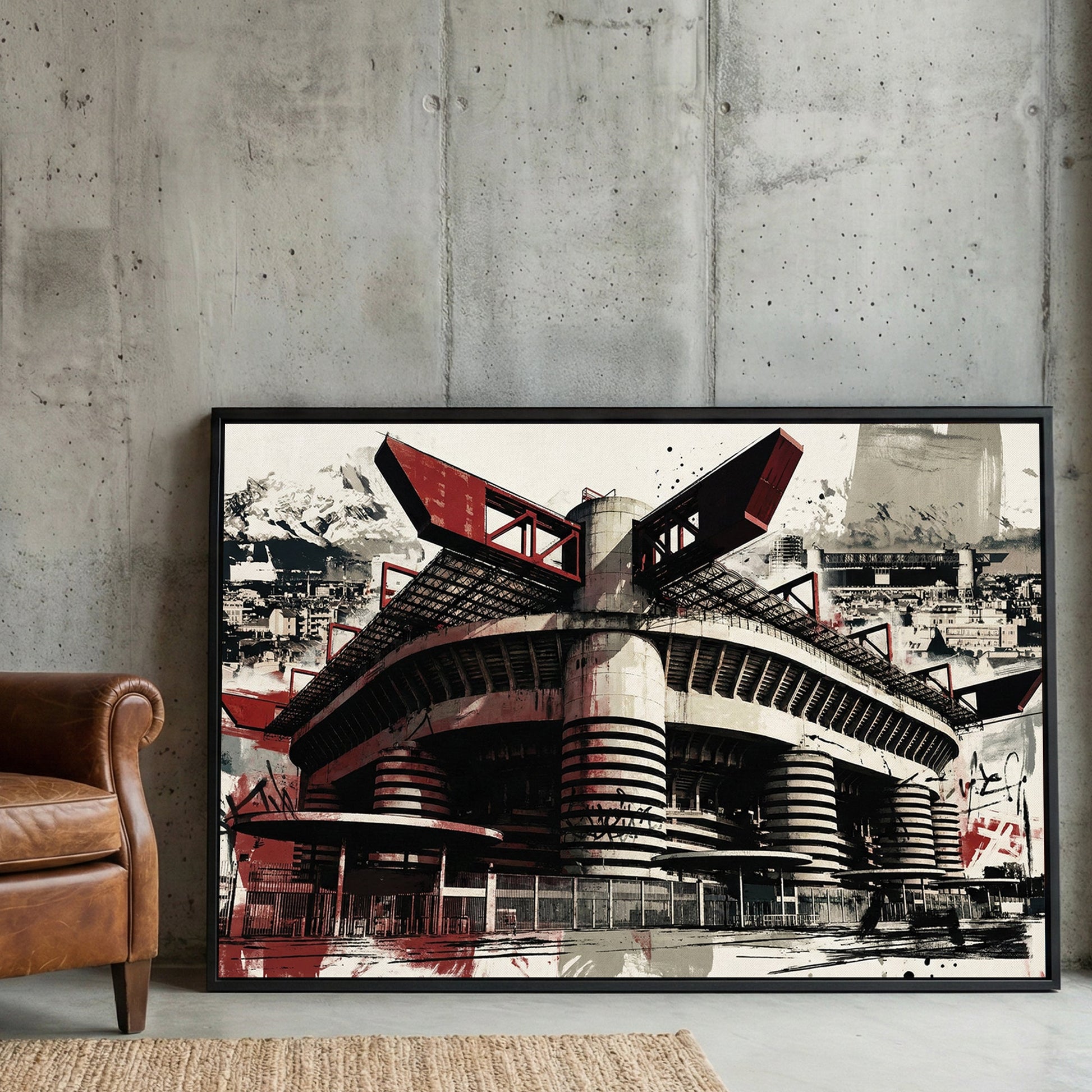 San Siro Milan stadium in red and black with architectural urban graffiti style