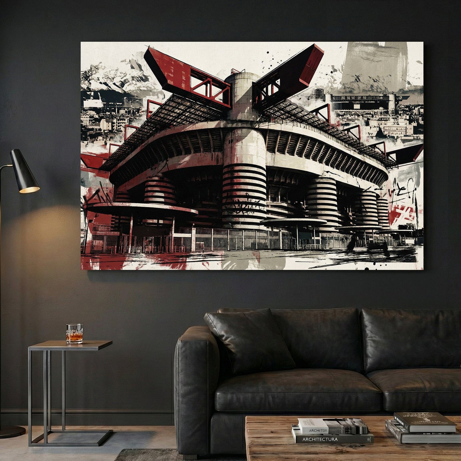 San Siro Milan stadium in red and black with architectural urban graffiti style