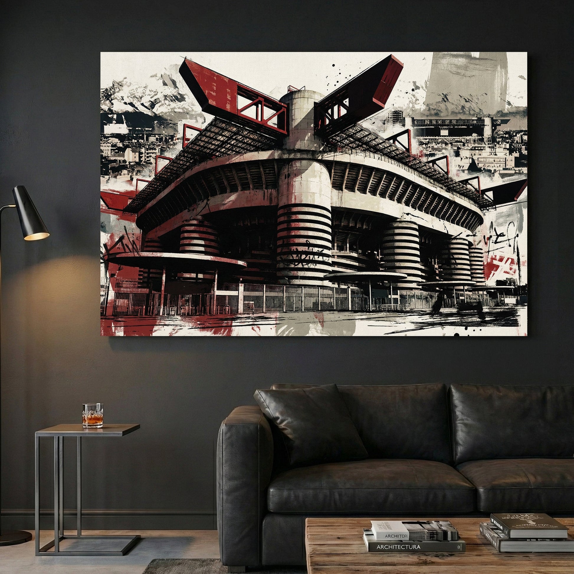 San Siro Milan stadium in red and black with architectural urban graffiti style