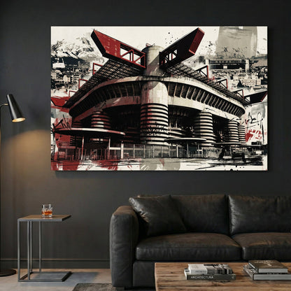 San Siro Milan stadium in red and black with architectural urban graffiti style