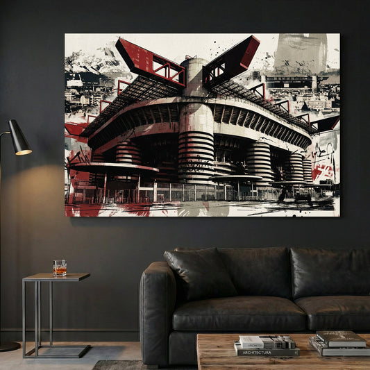 San Siro Milan stadium in red and black with architectural urban graffiti style