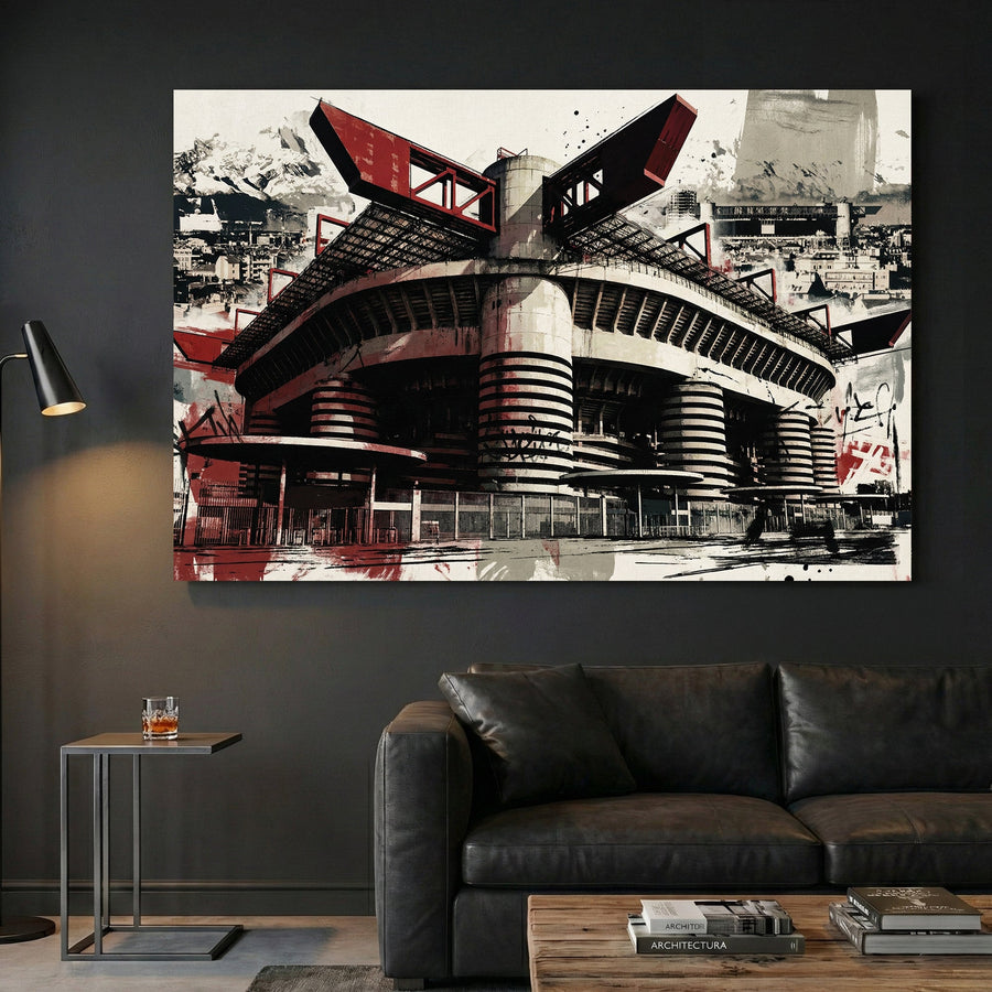 San Siro Milan stadium in red and black with architectural urban graffiti style