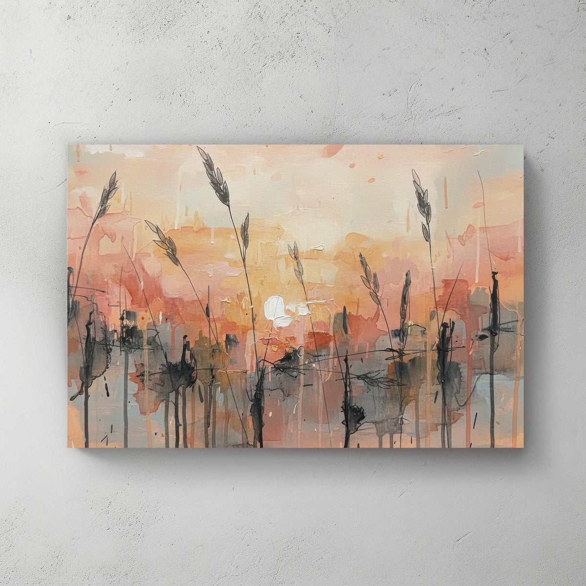 Wheat field at sunset in watercolour with orange and blue tones