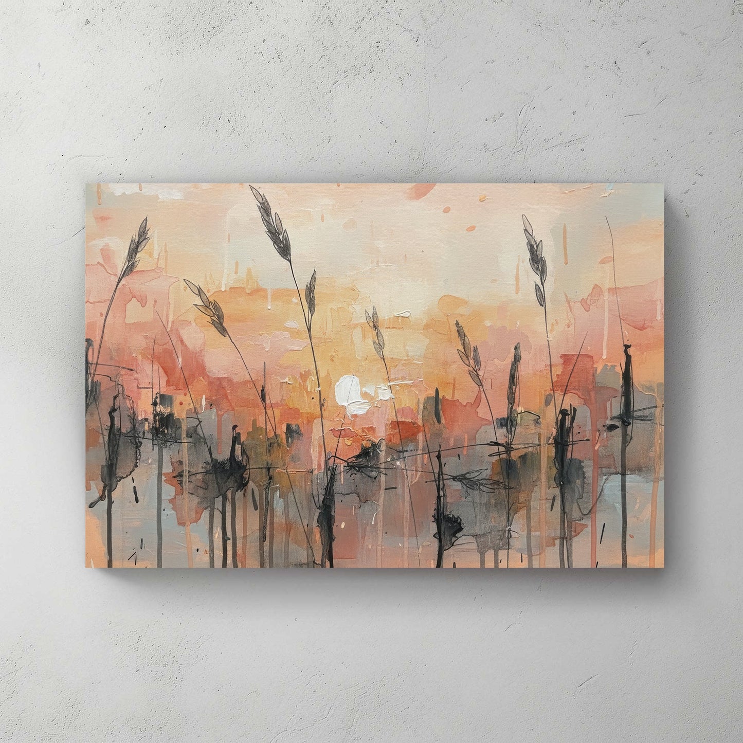 Wheat field at sunset in watercolour with orange and blue tones