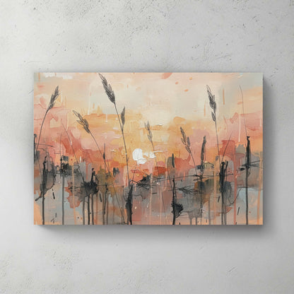 Wheat field at sunset in watercolour with orange and blue tones