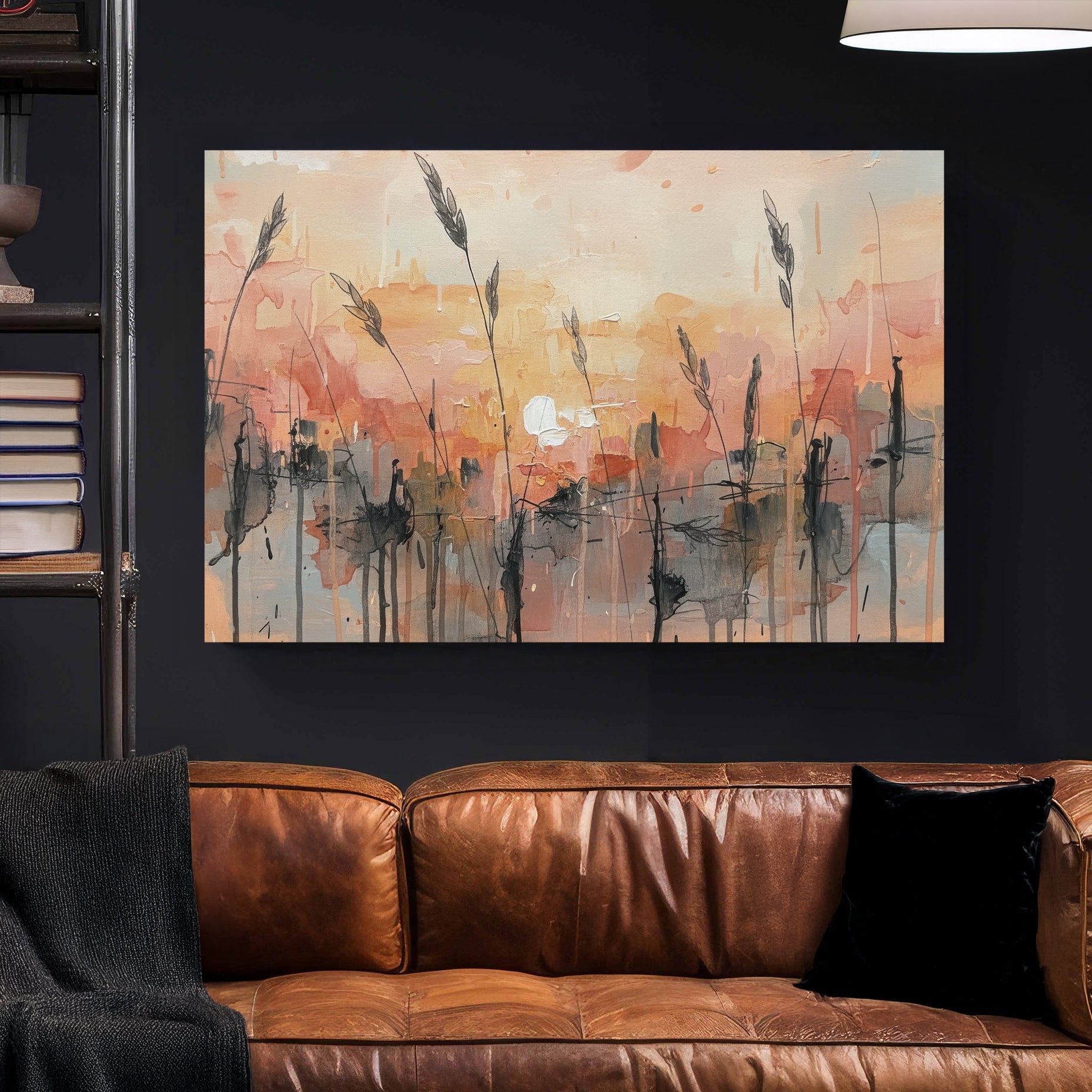 Wheat field at sunset in watercolour with orange and blue tones