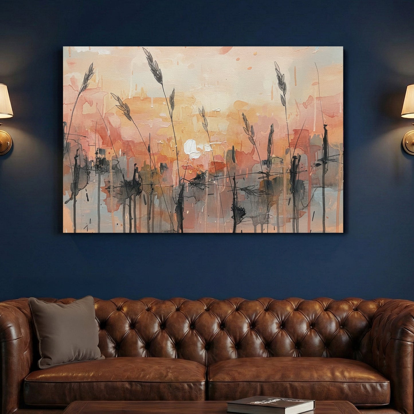 Wheat field at sunset in watercolour with orange and blue tones