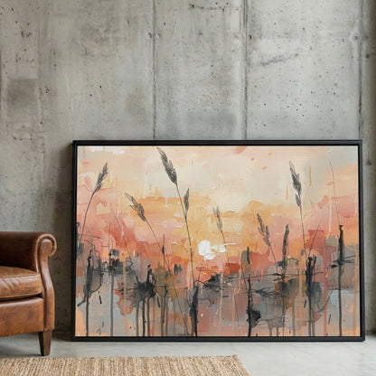 Wheat field at sunset in watercolour with orange and blue tones