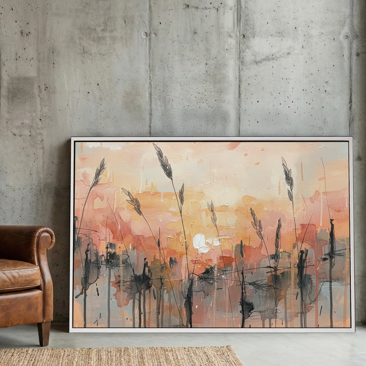 Wheat field at sunset in watercolour with orange and blue tones