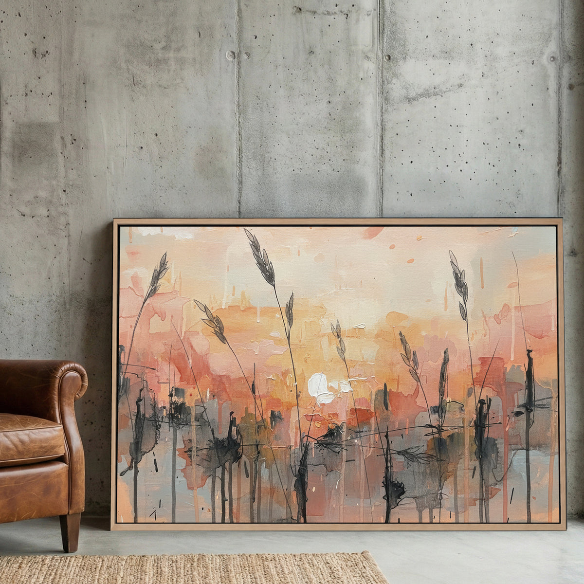 Wheat field at sunset in watercolour with orange and blue tones