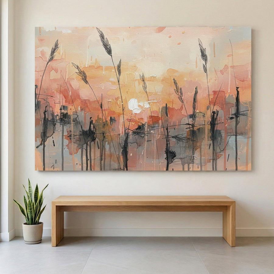 Wheat field at sunset in watercolour with orange and blue tones