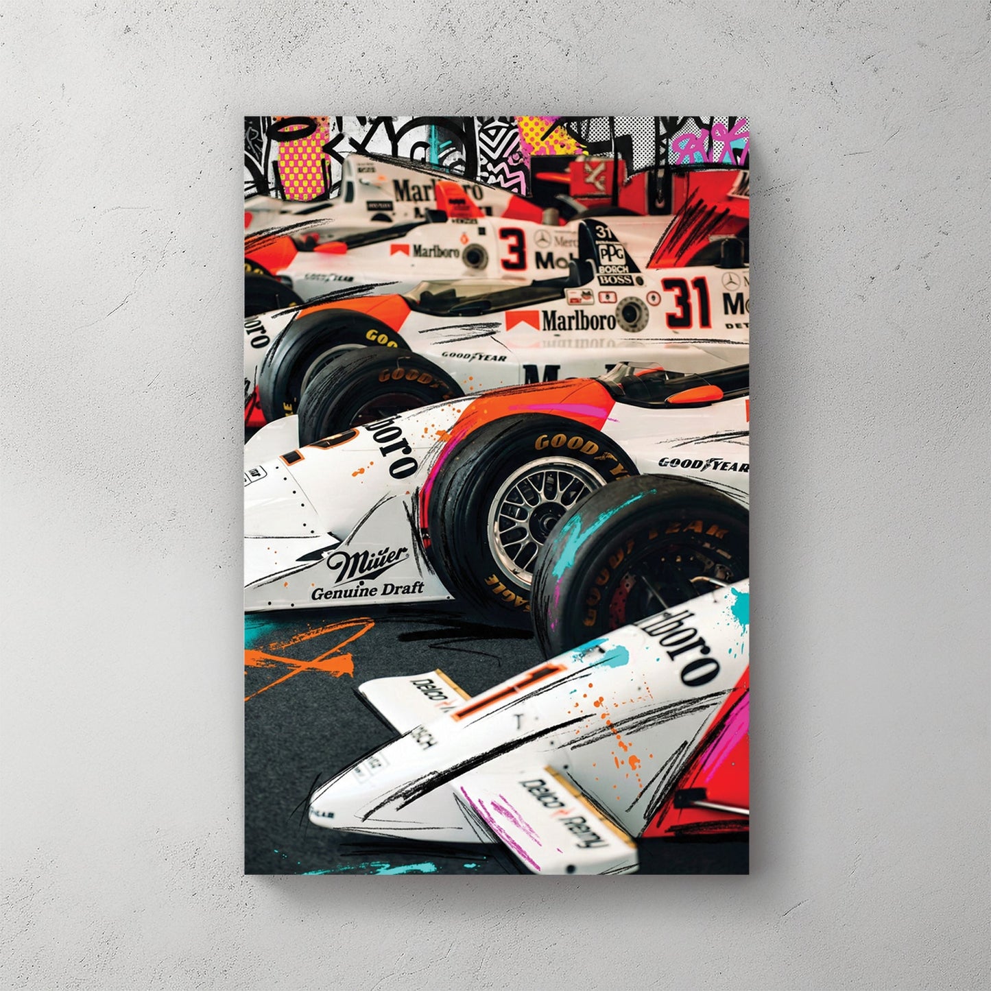 McLaren F1 racing cars in pop art street art style