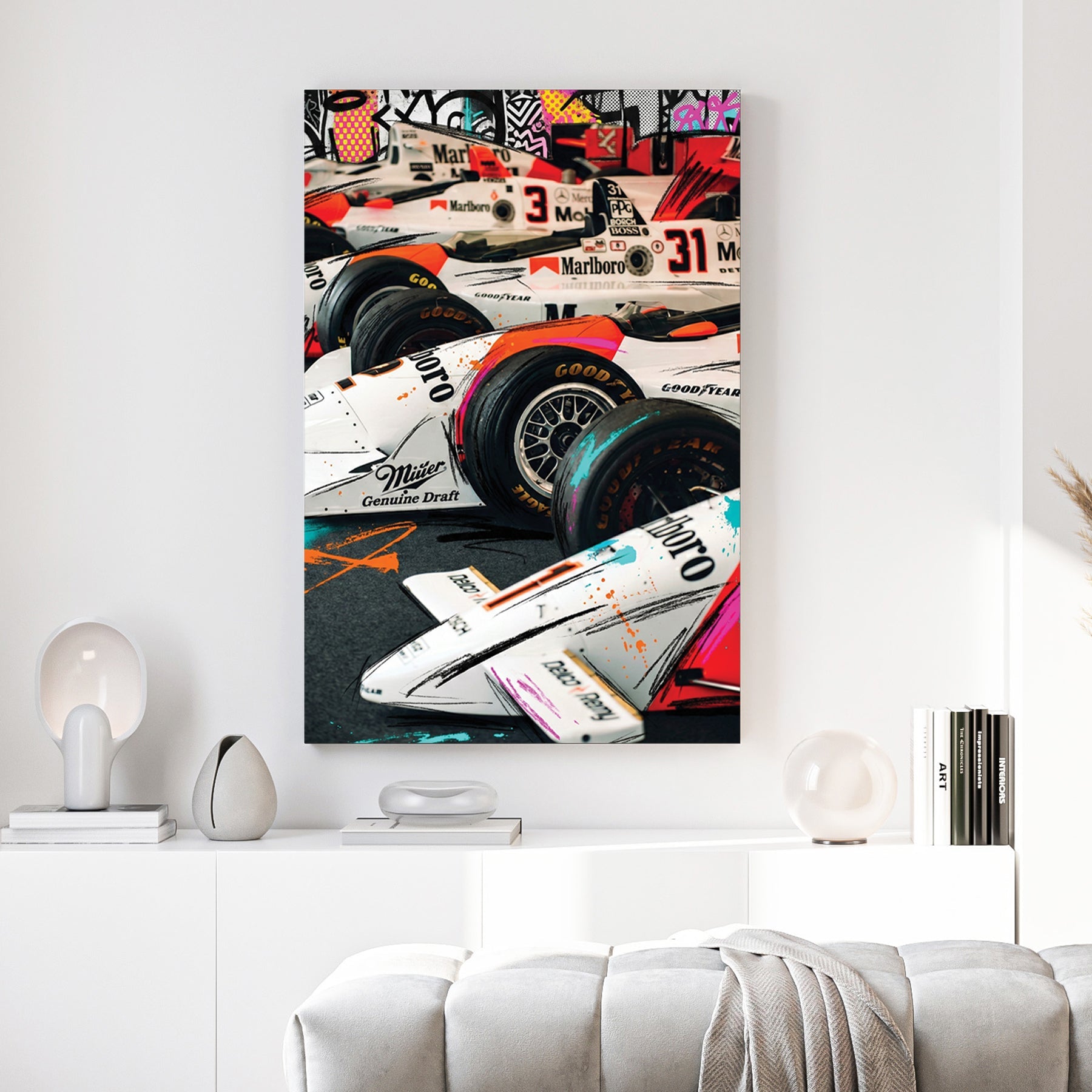 McLaren F1 racing cars in pop art street art style