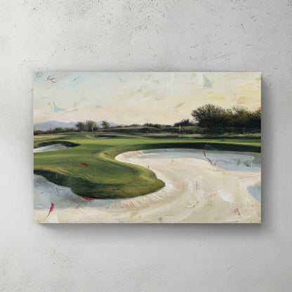 Golf course landscape with greens and fairways in soft tones wall art print