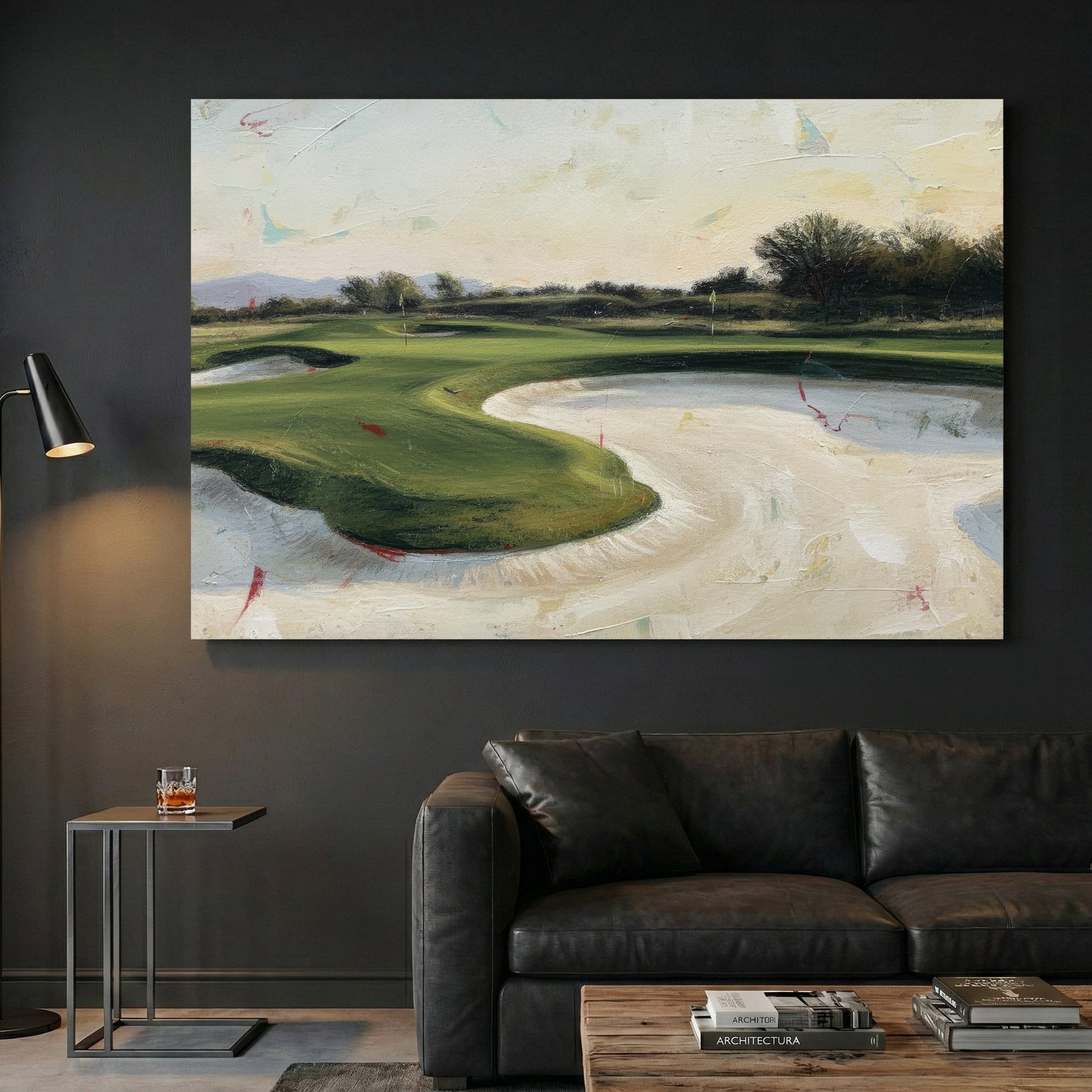 Golf course landscape with greens and fairways in soft tones wall art print