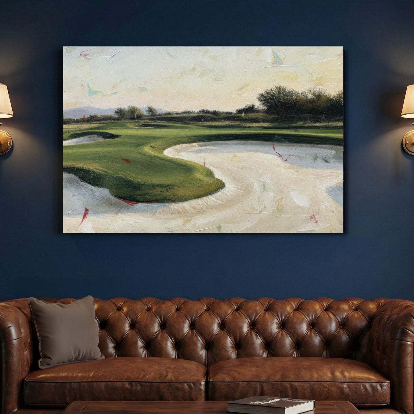 Golf course landscape with greens and fairways in soft tones wall art print