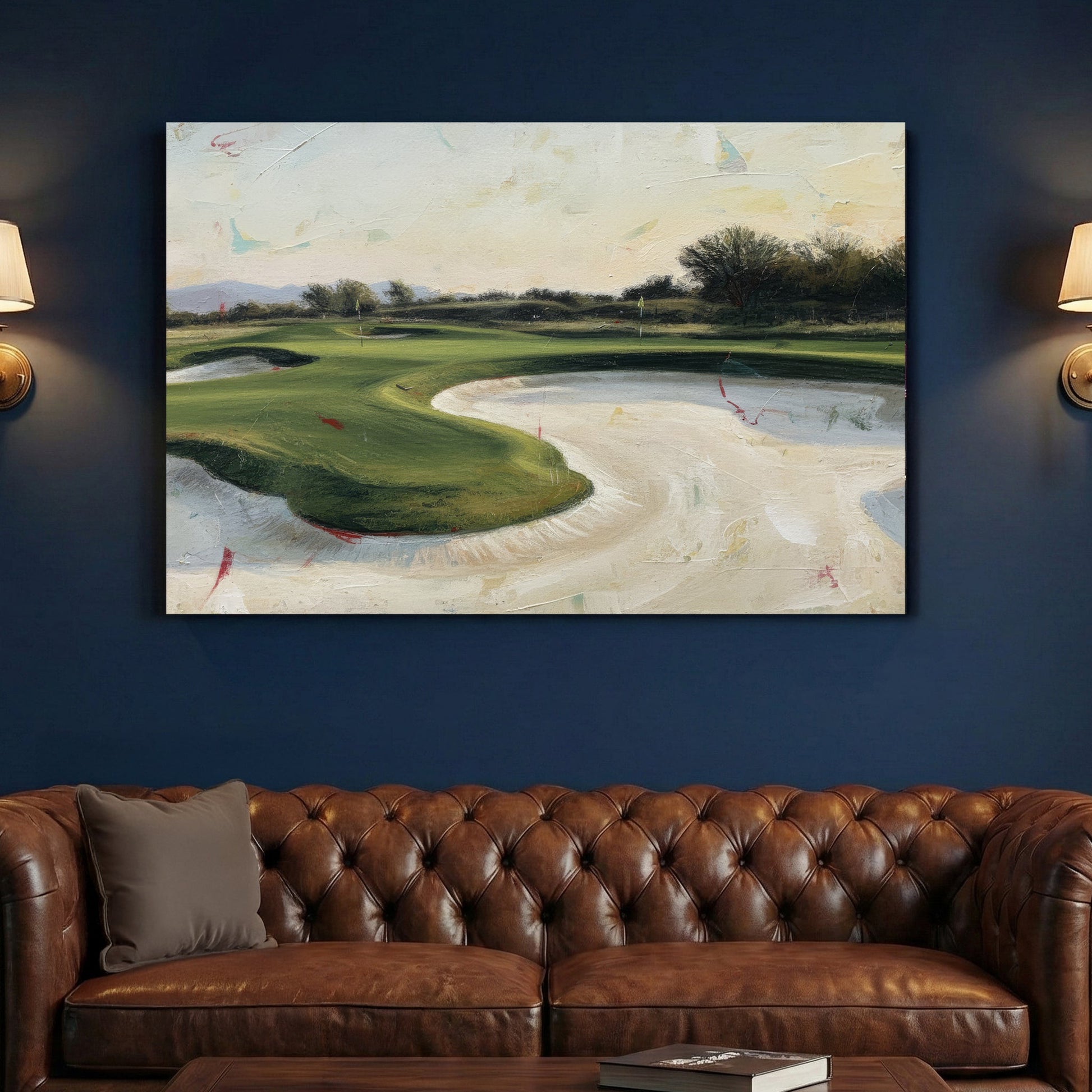 Golf course landscape with greens and fairways in soft tones wall art print