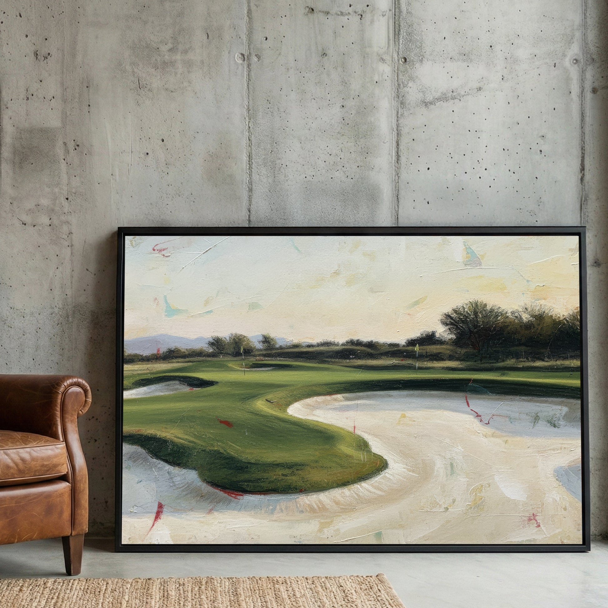 Golf course landscape with greens and fairways in soft tones wall art print