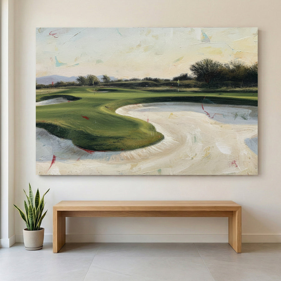 Golf course landscape with greens and fairways in soft tones wall art print