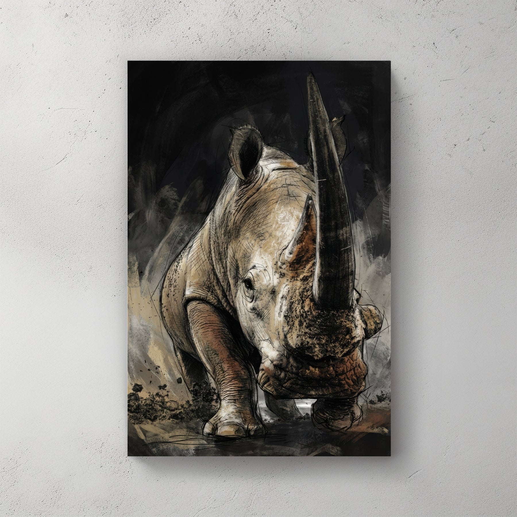Rhinoceros sketch with detailed pencil work on dark background wall art print