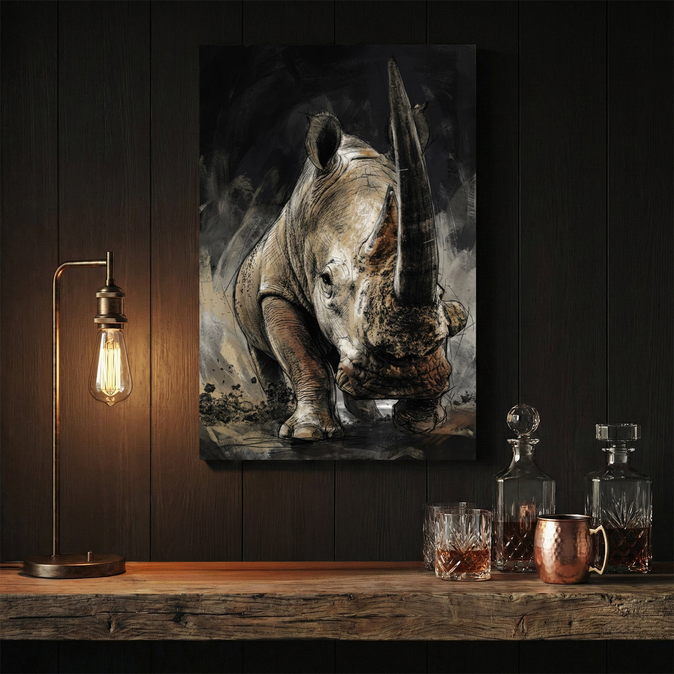 Rhinoceros sketch with detailed pencil work on dark background wall art print