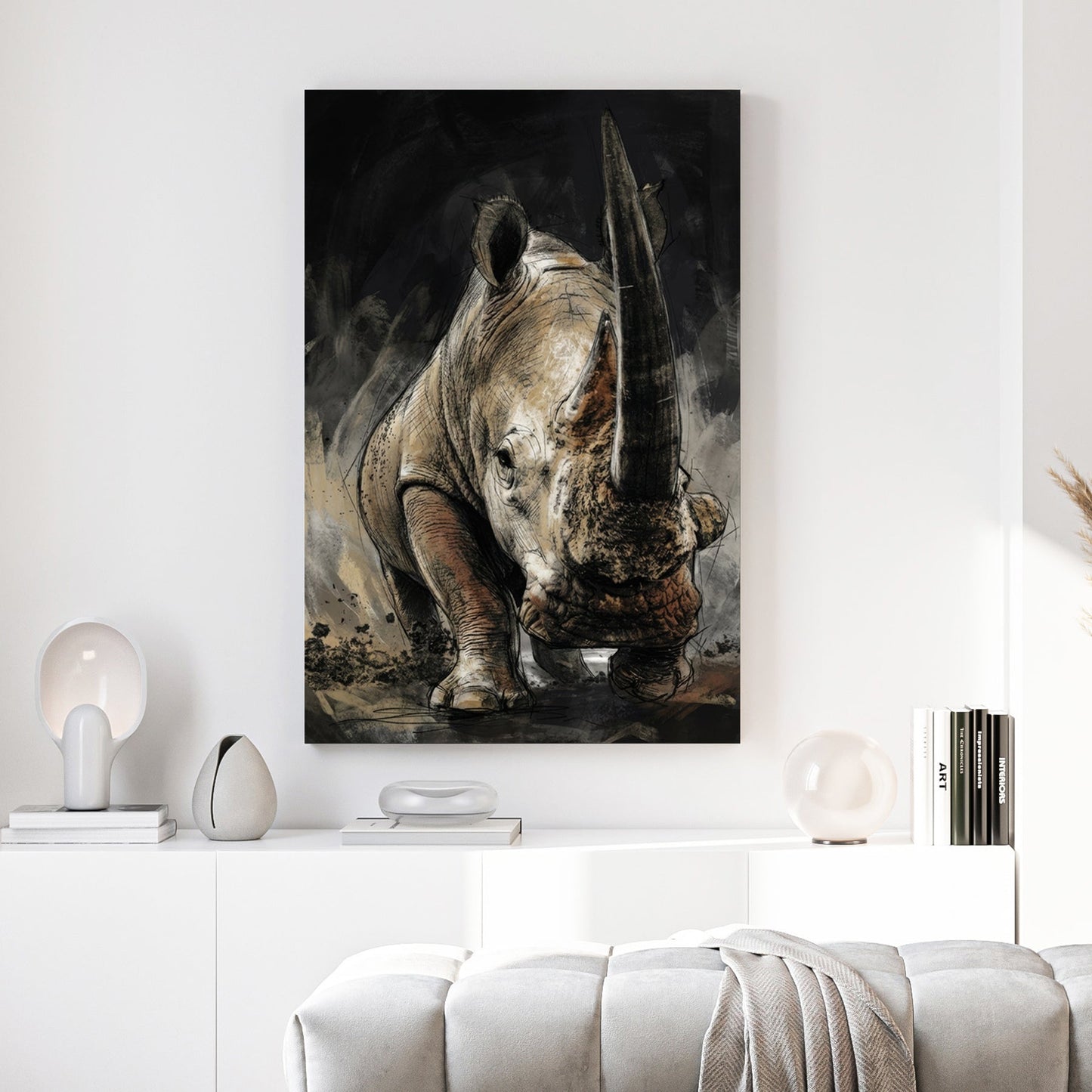 Rhinoceros sketch with detailed pencil work on dark background wall art print