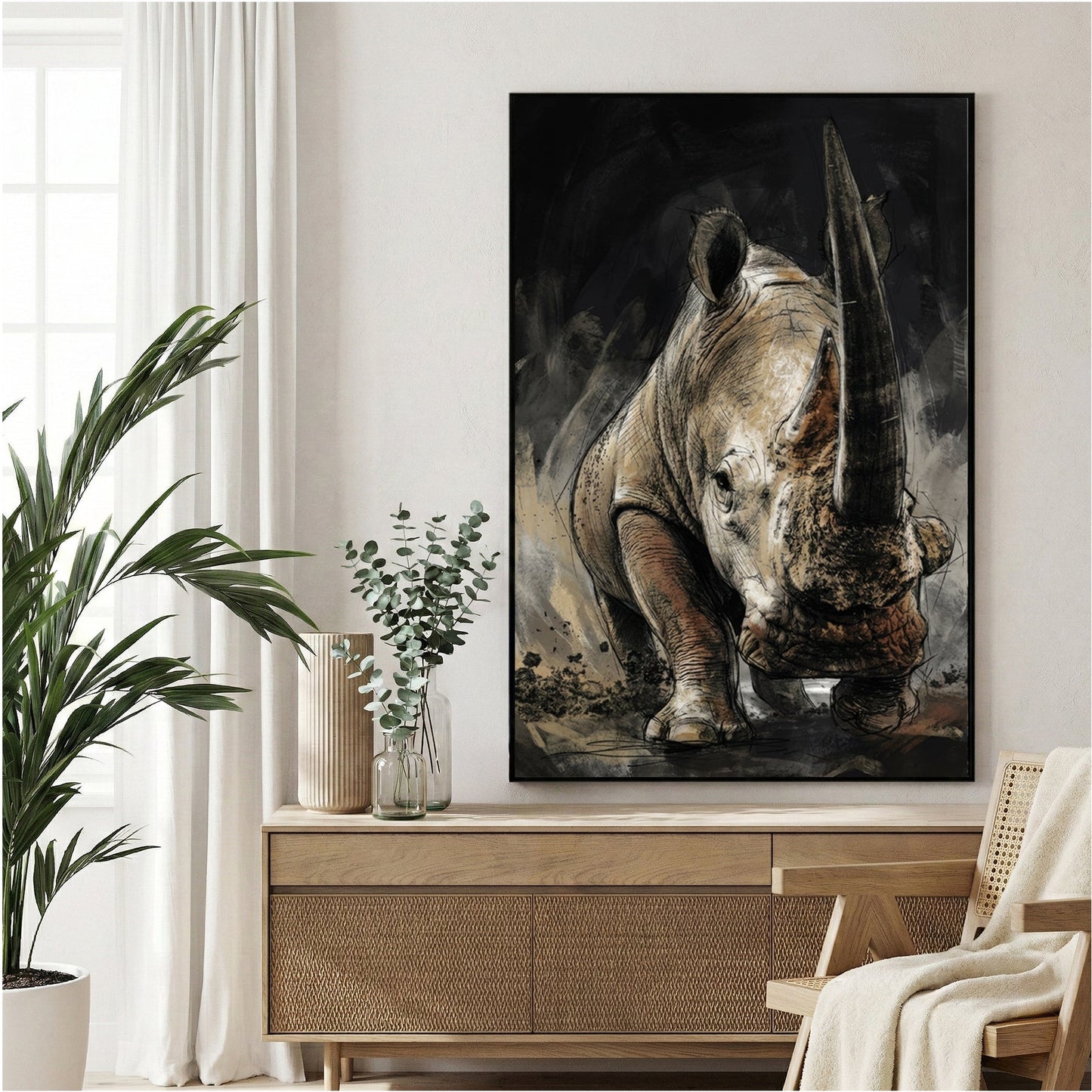 Rhinoceros sketch with detailed pencil work on dark background wall art print