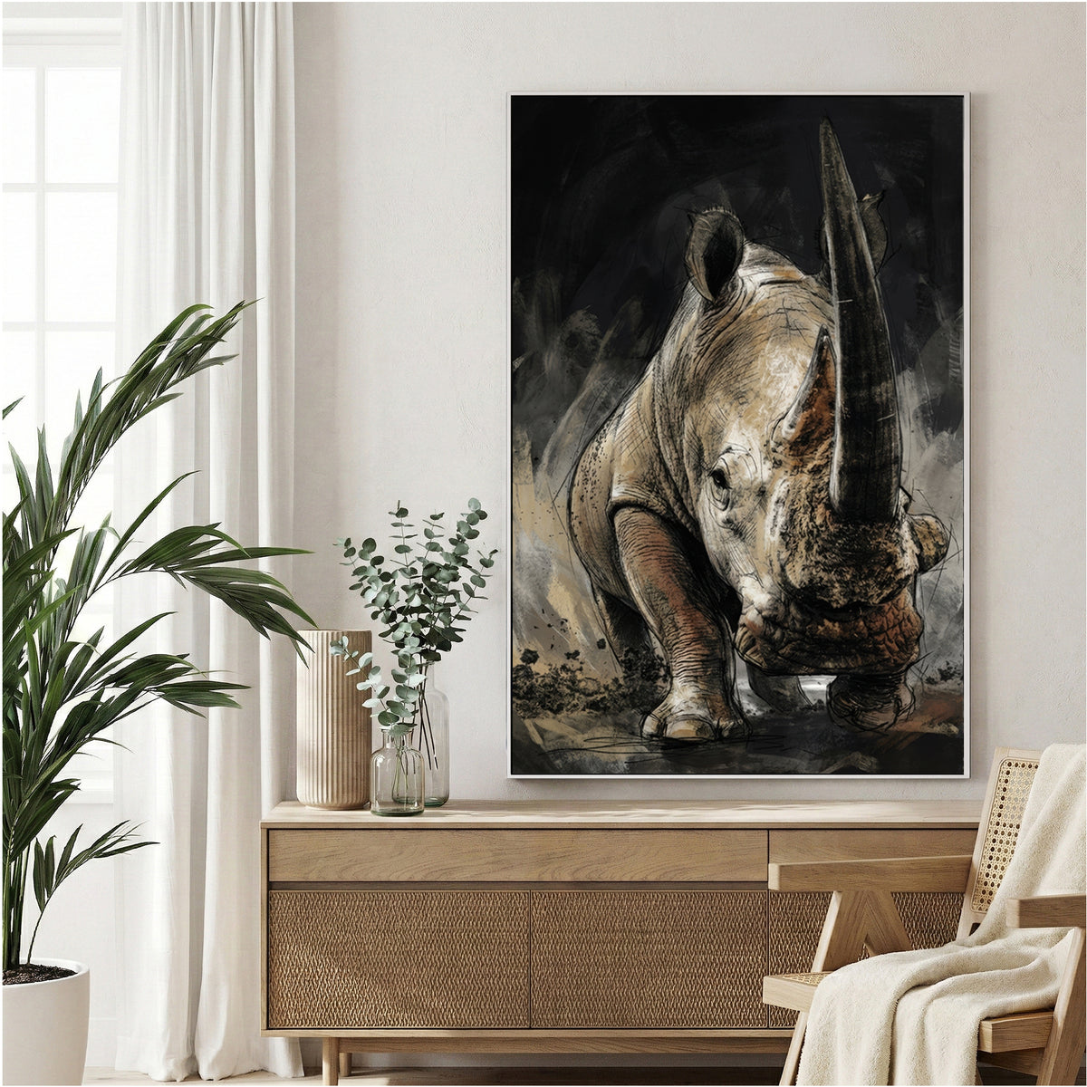 Rhinoceros sketch with detailed pencil work on dark background wall art print