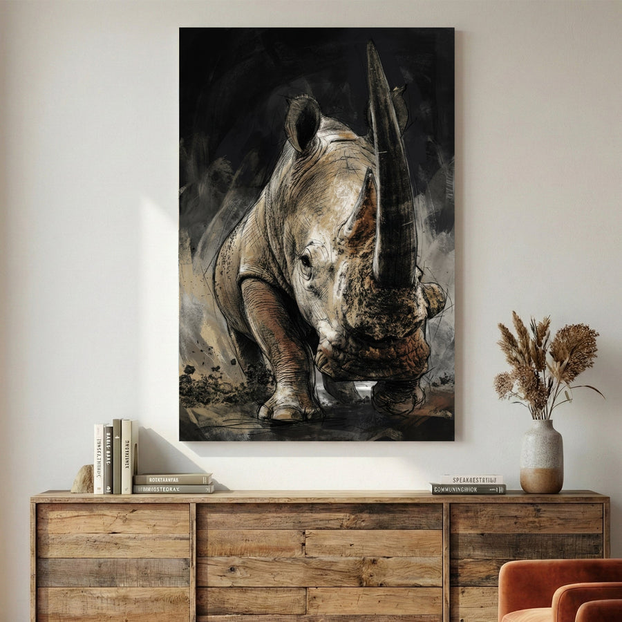 Rhinoceros sketch with detailed pencil work on dark background wall art print