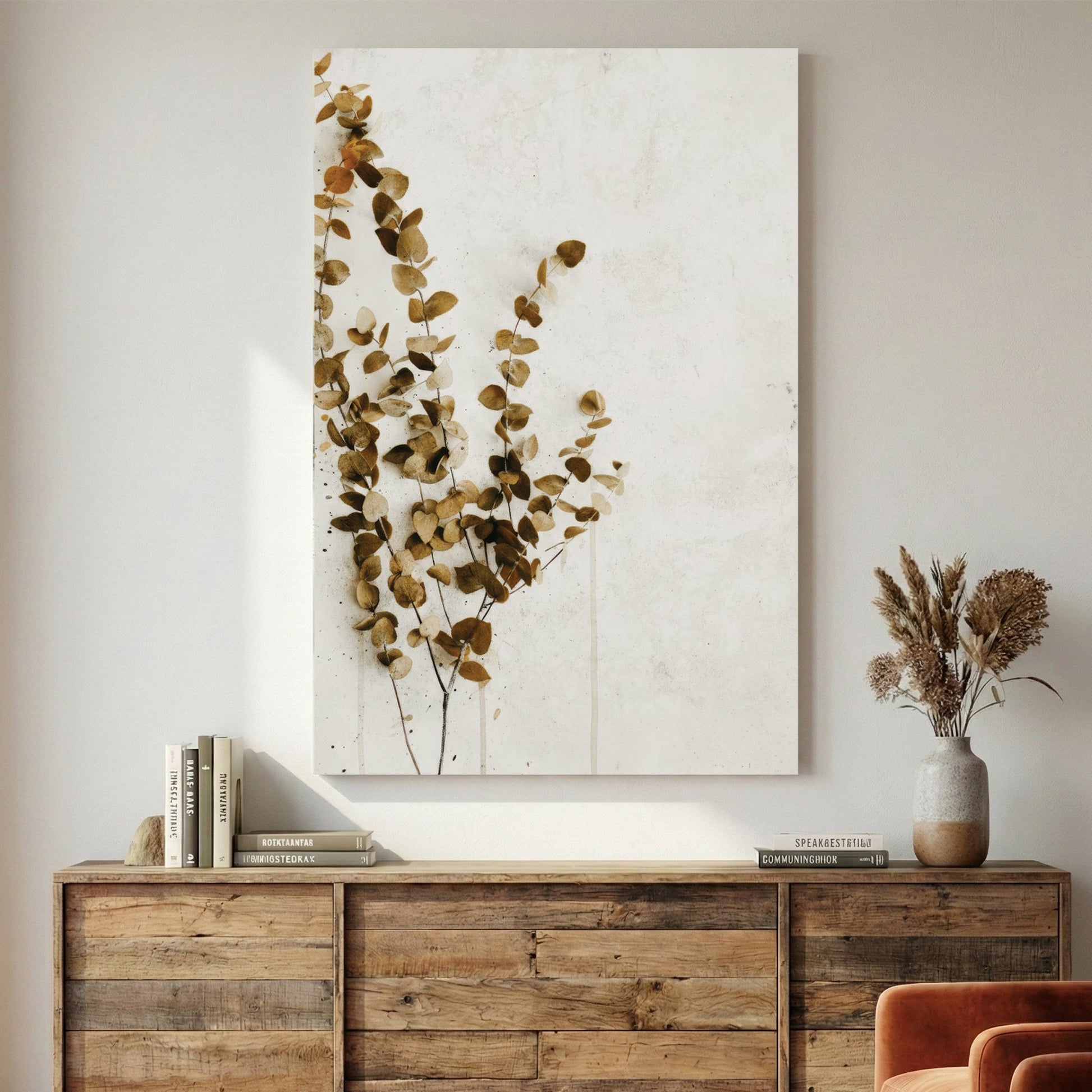 Dried botanical stems and seed pods illustration in warm tones wall art print