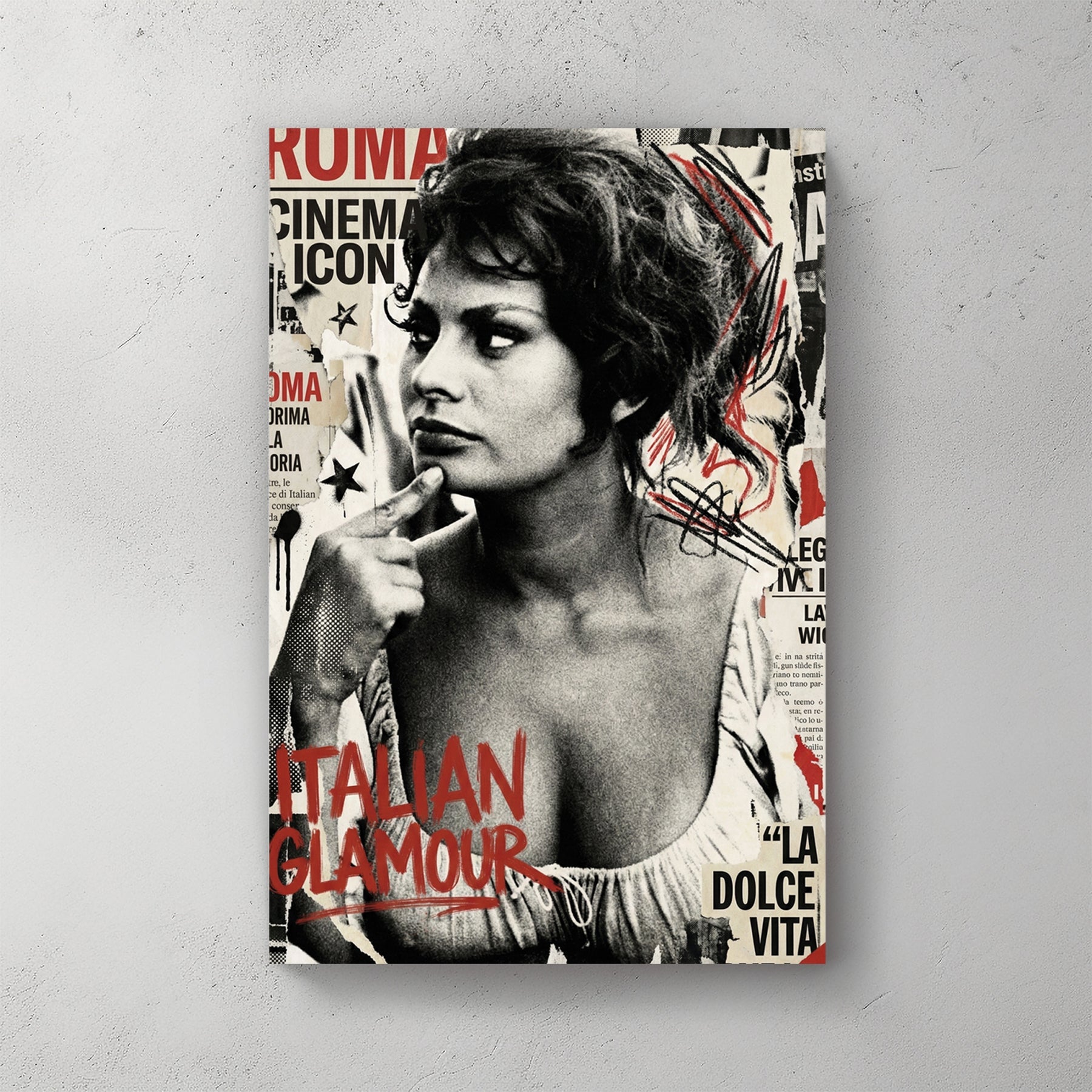 Sophia Loren portrait sketch with vintage cinema typography