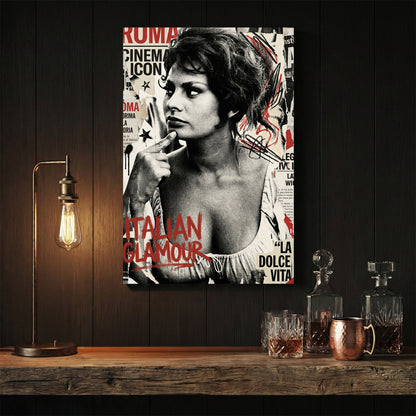 Sophia Loren portrait sketch with vintage cinema typography