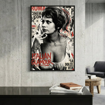 Sophia Loren portrait sketch with vintage cinema typography