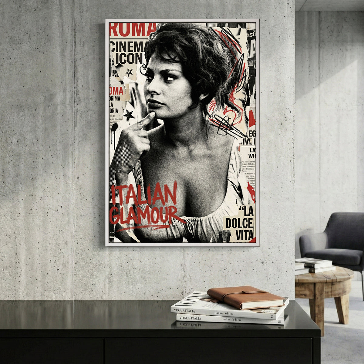 Sophia Loren portrait sketch with vintage cinema typography