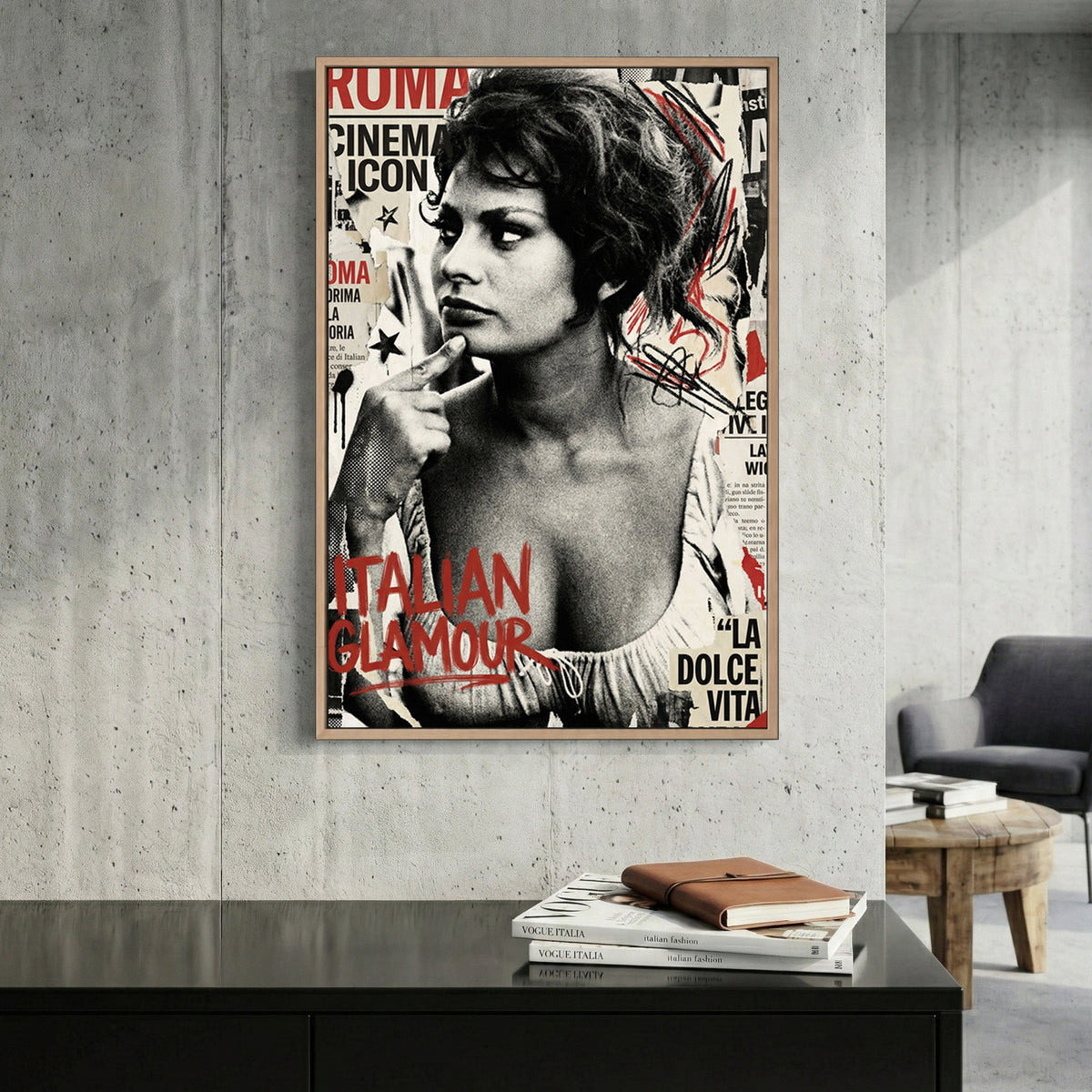 Sophia Loren portrait sketch with vintage cinema typography