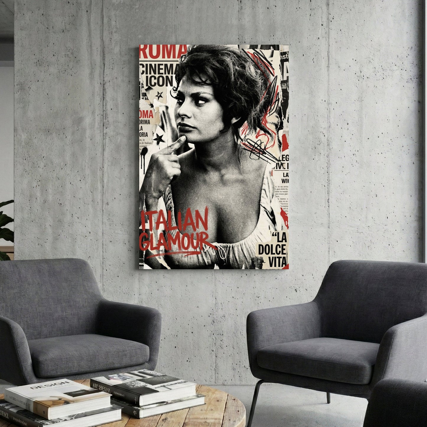 Sophia Loren portrait sketch with vintage cinema typography