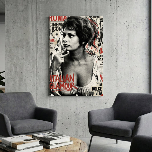 Sophia Loren portrait sketch with vintage cinema typography
