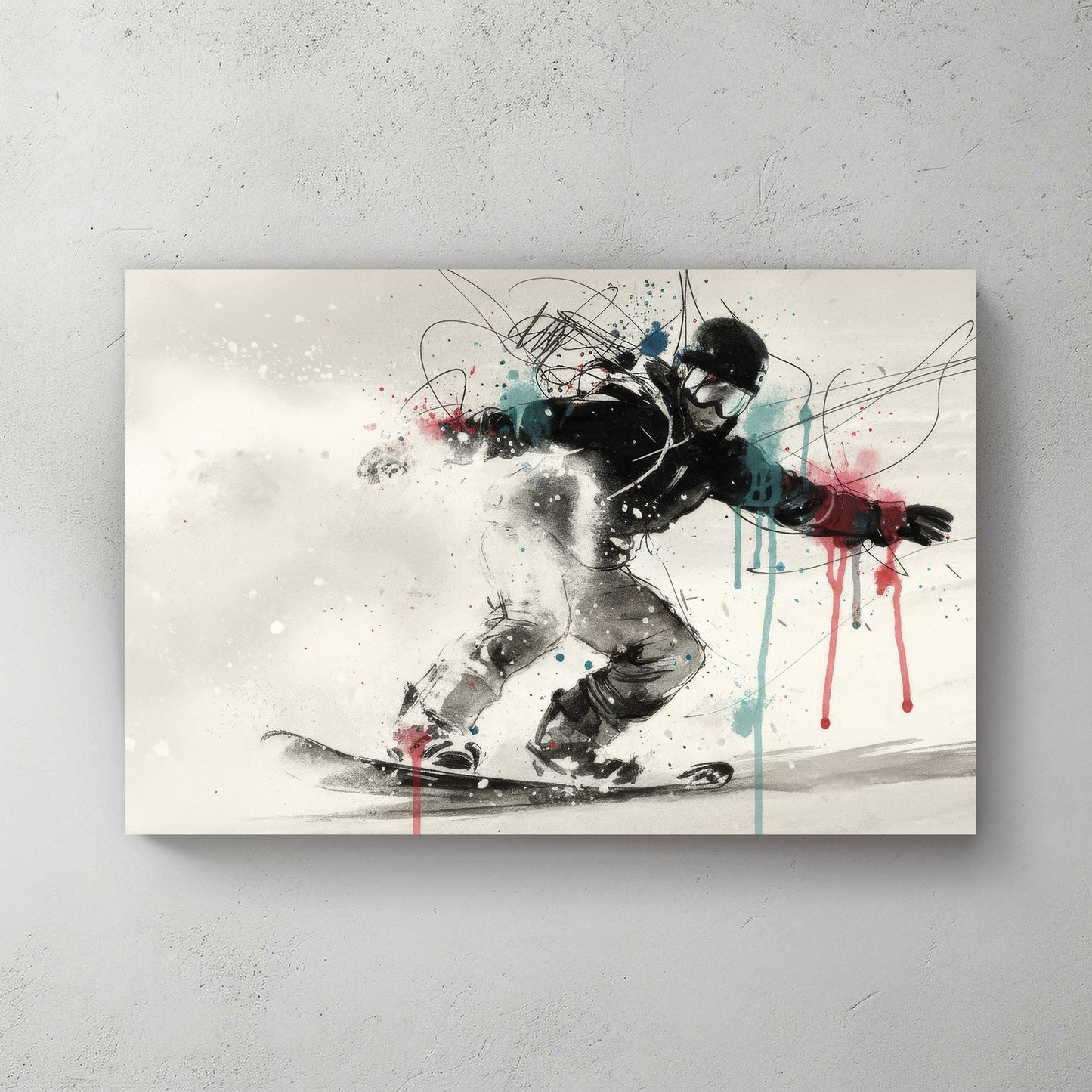 Snowboarder in action with sketch linework and blue pink watercolour effects wall art print