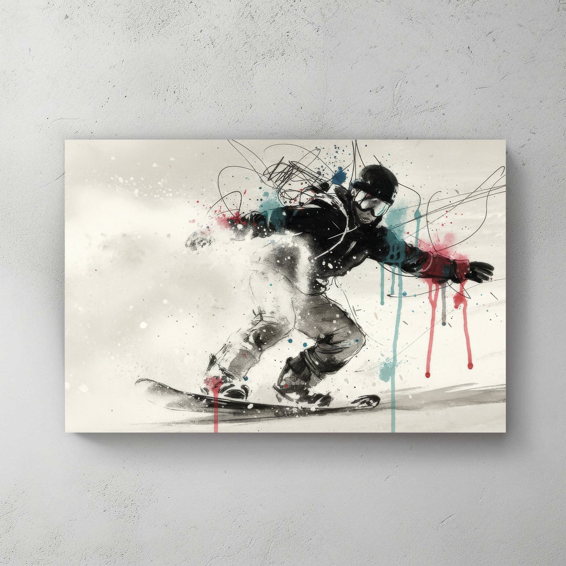 Snowboarder in action with sketch linework and blue pink watercolour effects wall art print