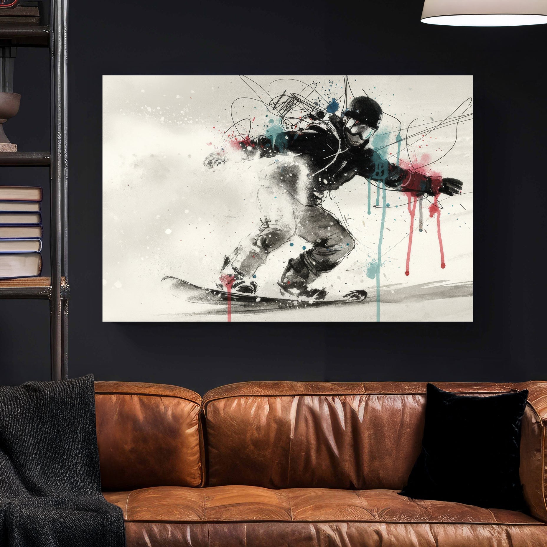 Snowboarder in action with sketch linework and blue pink watercolour effects wall art print