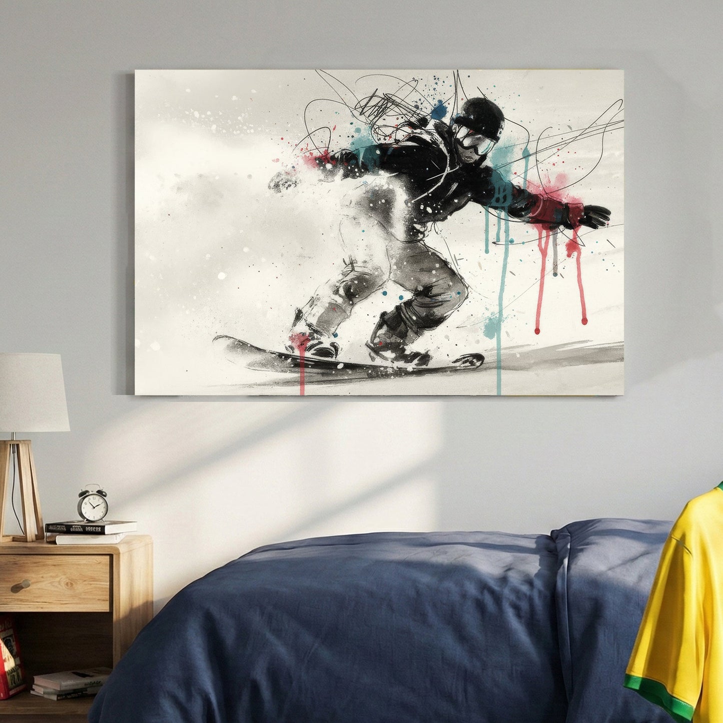 Snowboarder in action with sketch linework and blue pink watercolour effects wall art print