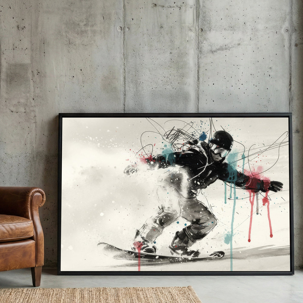 Snowboarder in action with sketch linework and blue pink watercolour effects wall art print