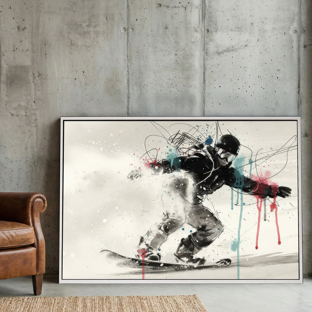 Snowboarder in action with sketch linework and blue pink watercolour effects wall art print