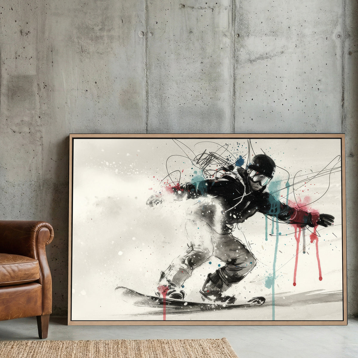 Snowboarder in action with sketch linework and blue pink watercolour effects wall art print
