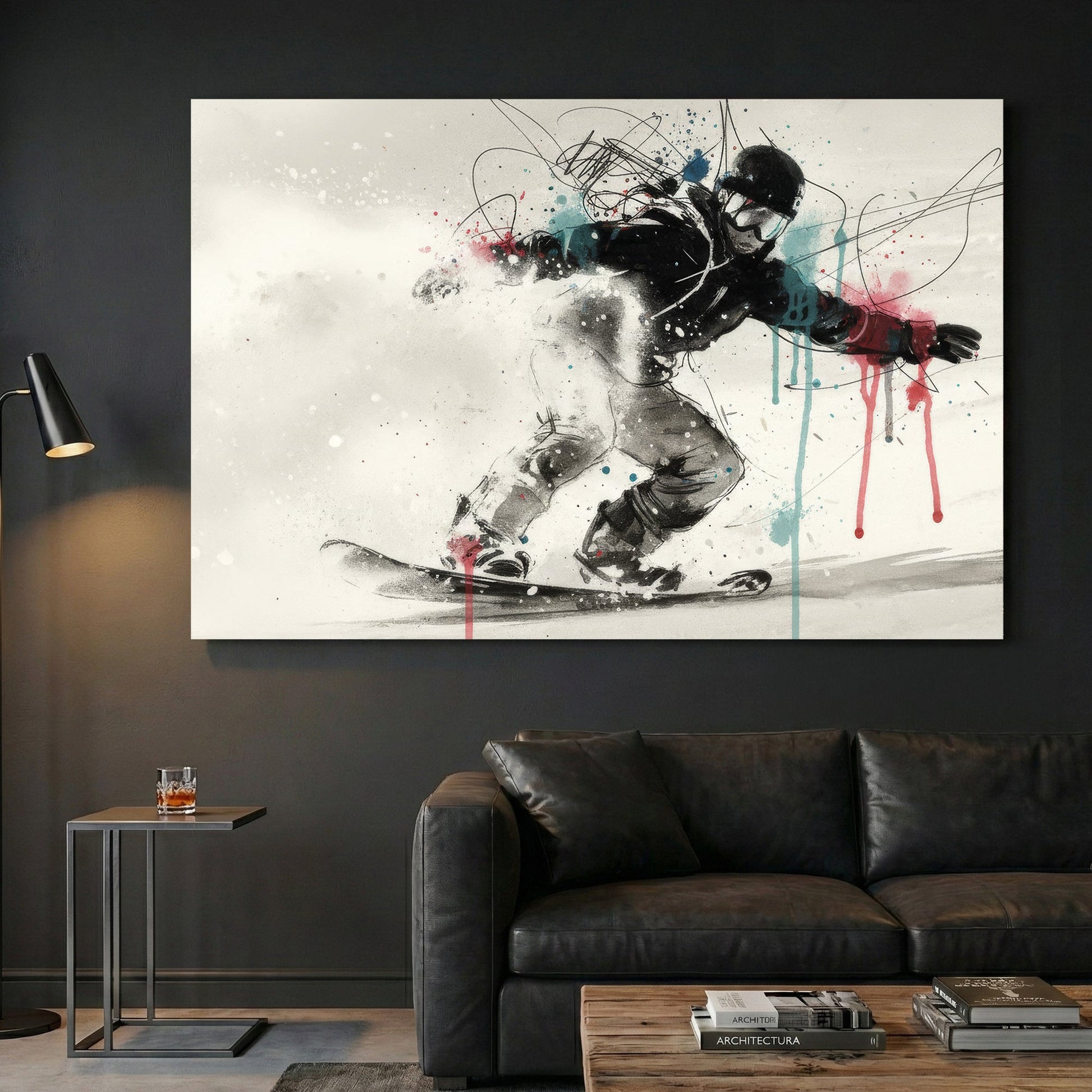 Snowboarder in action with sketch linework and blue pink watercolour effects wall art print